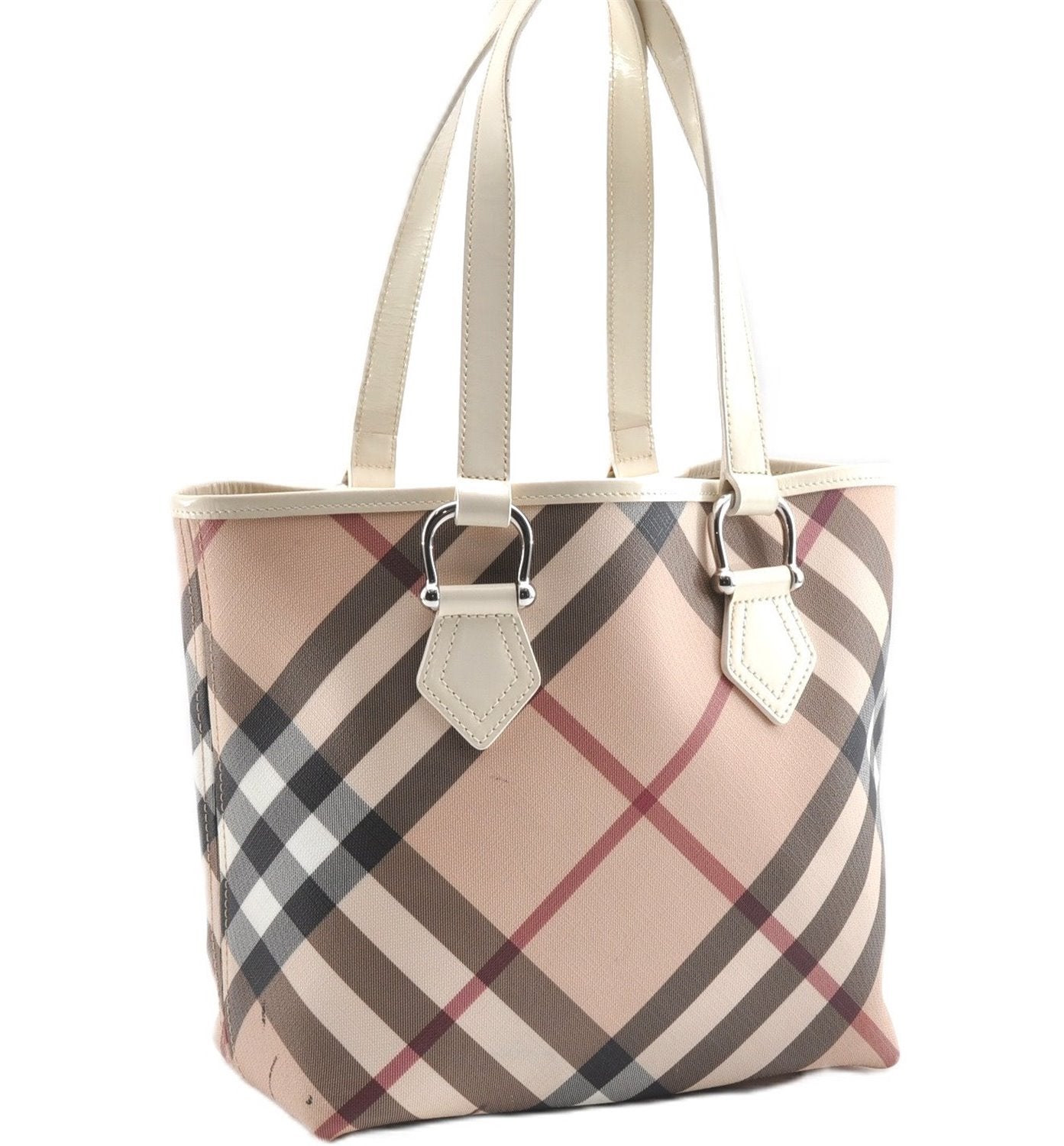 Authentic BURBERRY Vintage Nova Check PVC Enamel Shoulder Tote Bag Beige 2224G