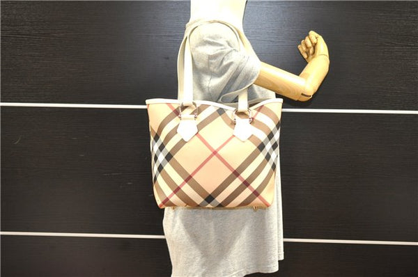 Authentic BURBERRY Vintage Nova Check PVC Enamel Shoulder Tote Bag Beige 2224G