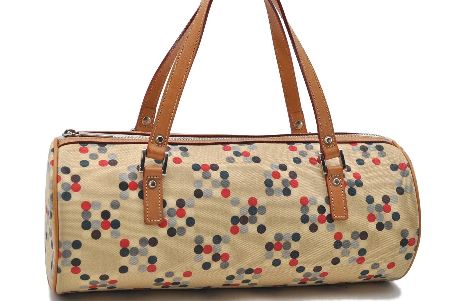 Authentic BURBERRY BLUE LABEL Dots Pattern Hand Bag Canvas Leather Beige 2225D