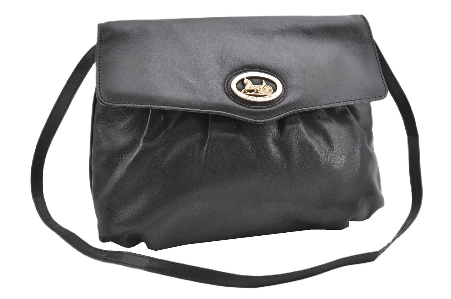 Authentic CELINE Vintage Horse Carriage Shoulder Bag Purse Leather Black 2228G