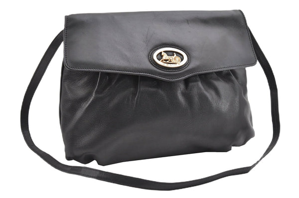 Authentic CELINE Vintage Horse Carriage Shoulder Bag Purse Leather Black 2228G