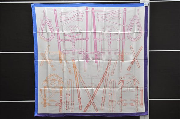 Authentic HERMES Carre 90 Scarf "Harnais de Timon" Silk Blue Purple PB 2234E