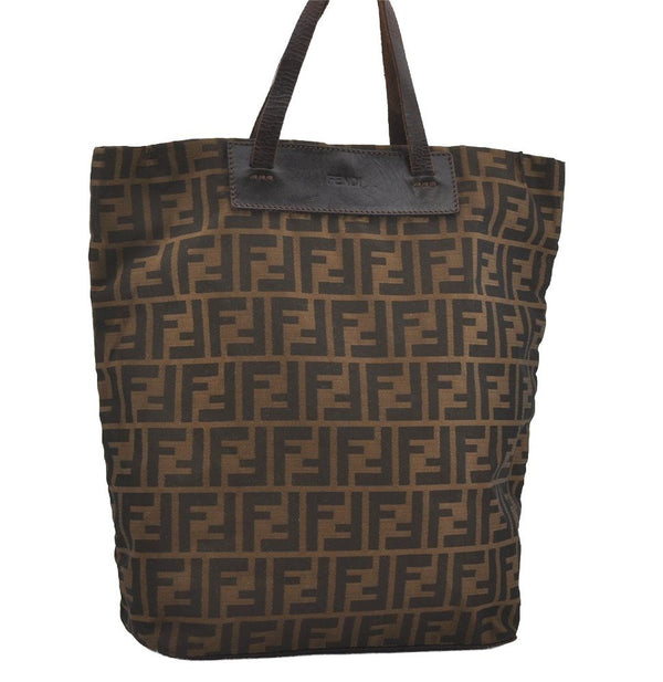 Authentic FENDI Zucca Vintage Folding Tote Hand Bag Nylon Leather Brown 2236I