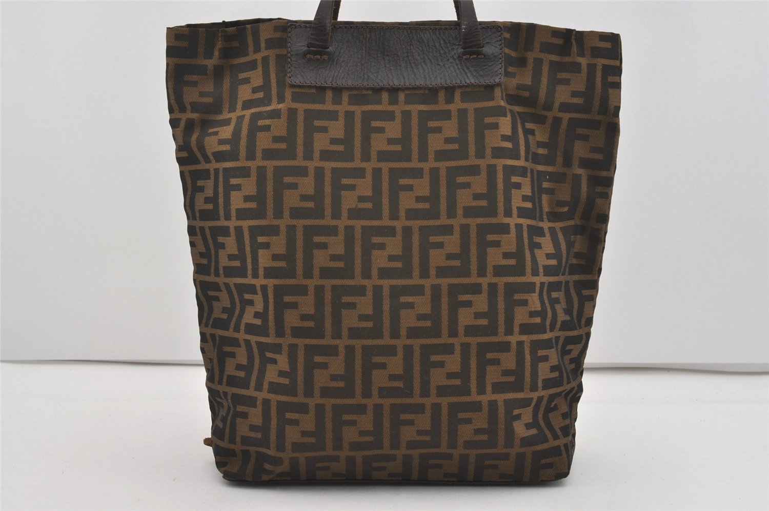 Authentic FENDI Zucca Vintage Folding Tote Hand Bag Nylon Leather Brown 2236I