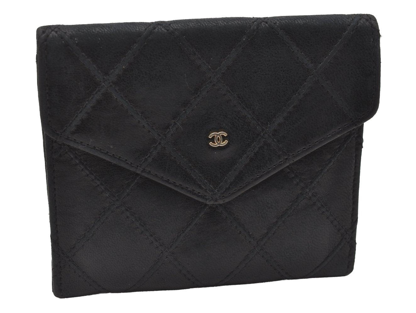 Authentic CHANEL Calf Skin Bicolore CC Logo Vintage Coin Case Purse Black 2238I