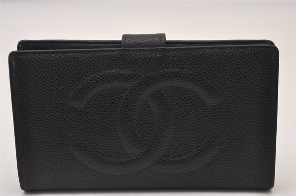 Authentic CHANEL Vintage Caviar Skin CoCo Mark Long Wallet Purse Black 2251I