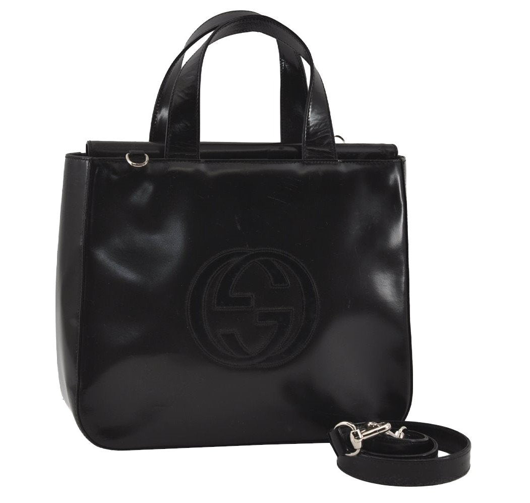Authentic GUCCI Interlocking G 2Way Shoulder Hand Bag Enamel Black Junk 2252I