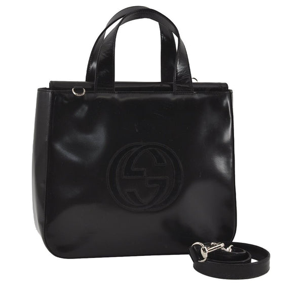 Authentic GUCCI Interlocking G 2Way Shoulder Hand Bag Enamel Black Junk 2252I