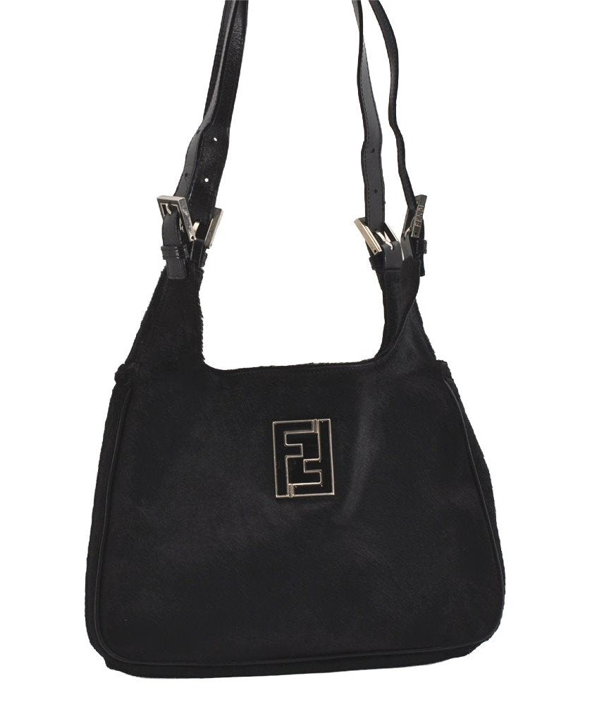 Authentic FENDI Vintage Shoulder Bag Purse Unborn Calf Leather Black 2253I