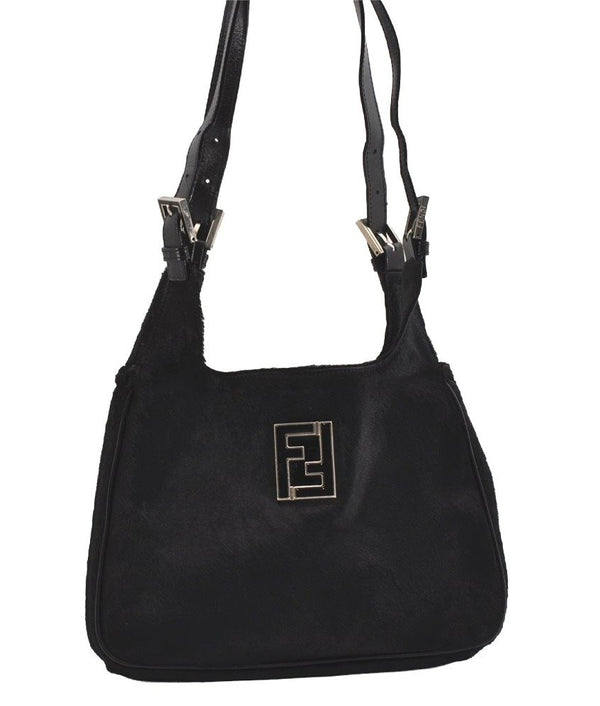 Authentic FENDI Vintage Shoulder Bag Purse Unborn Calf Leather Black 2253I