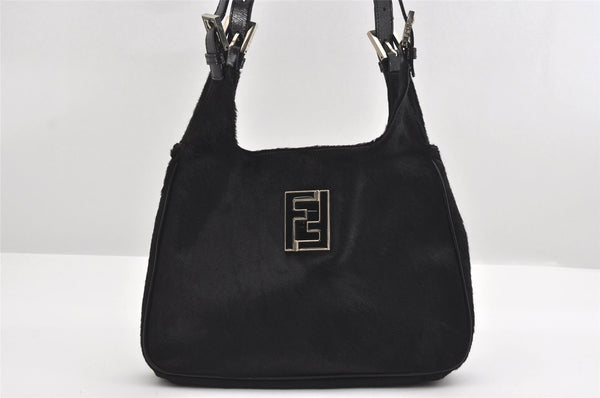 Authentic FENDI Vintage Shoulder Bag Purse Unborn Calf Leather Black 2253I