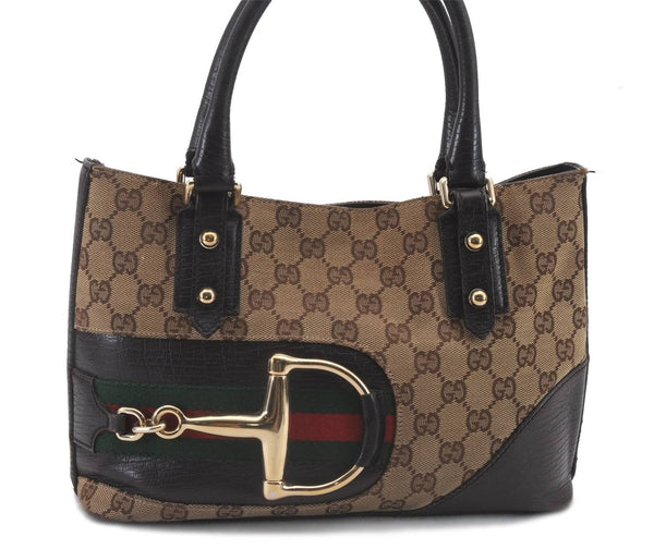 Auth GUCCI Web Sherry Line Horsebit Hand Bag Canvas Leather 137475 Brown 2255D