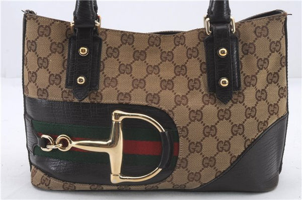 Auth GUCCI Web Sherry Line Horsebit Hand Bag Canvas Leather 137475 Brown 2255D