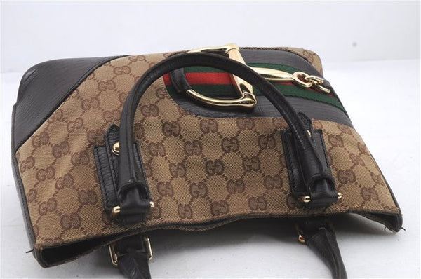 Auth GUCCI Web Sherry Line Horsebit Hand Bag Canvas Leather 137475 Brown 2255D