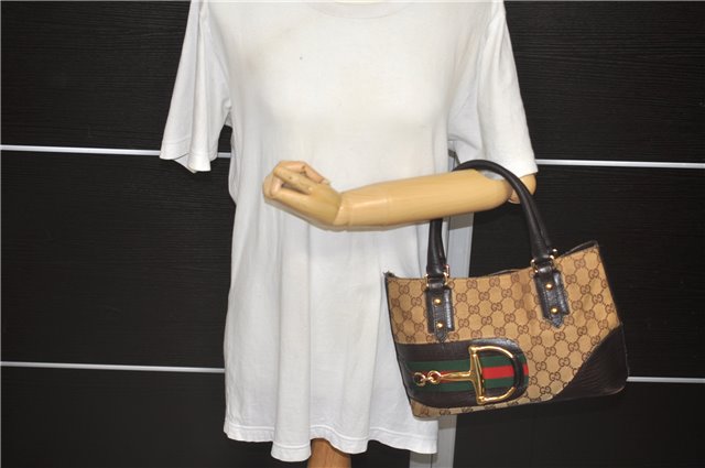 Auth GUCCI Web Sherry Line Horsebit Hand Bag Canvas Leather 137475 Brown 2255D