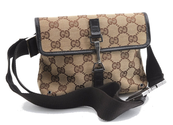 Authentic GUCCI Vintage Waist Body Bag Purse GG Canvas Leather 92543 Brown 2256F
