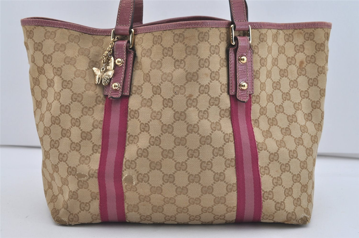 Authentic GUCCI Sherry Line Tote Bag GG Canvas Leather 139260 Beige Pink 2257I