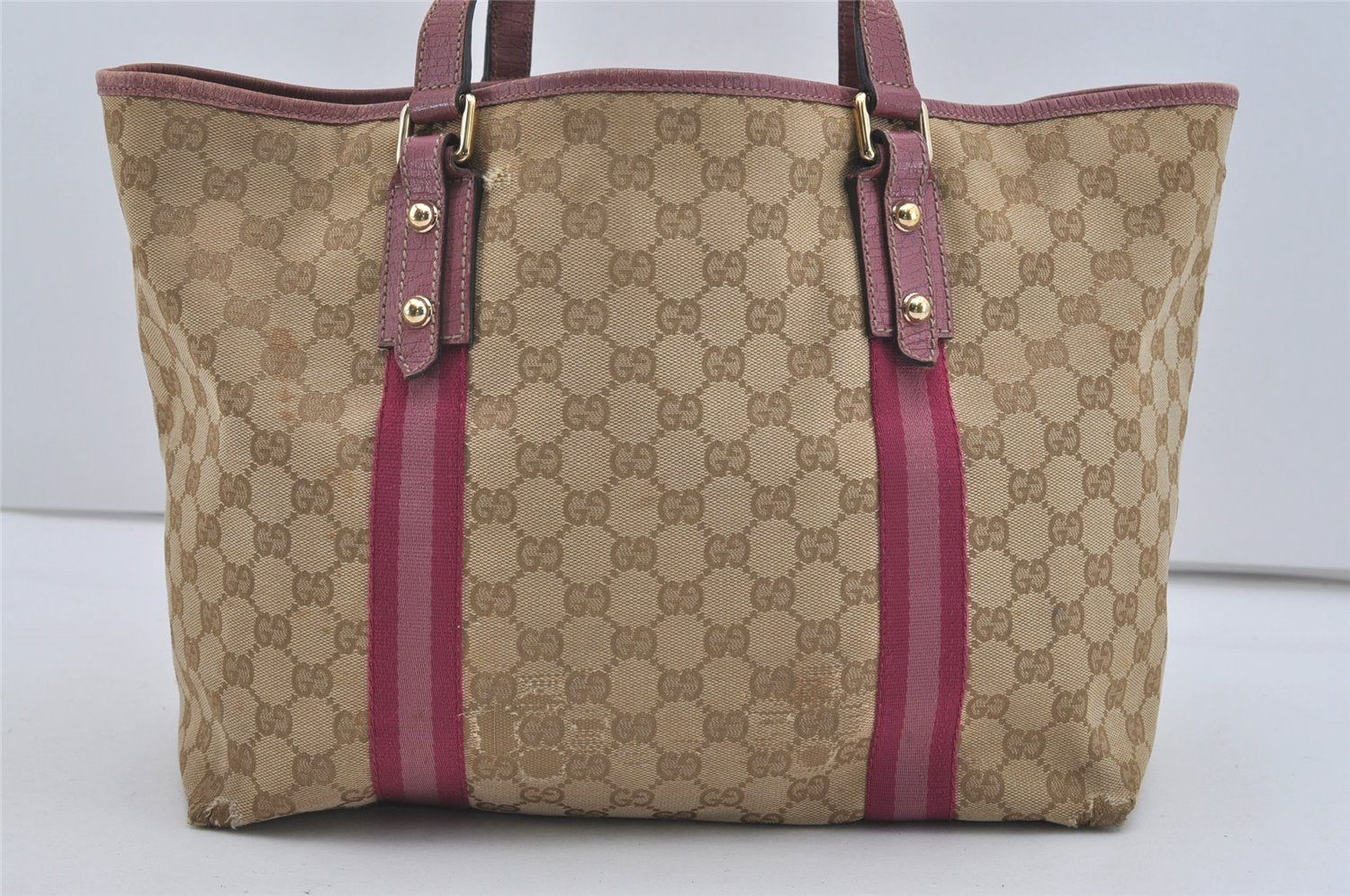 Authentic GUCCI Sherry Line Tote Bag GG Canvas Leather 139260 Beige Pink 2257I