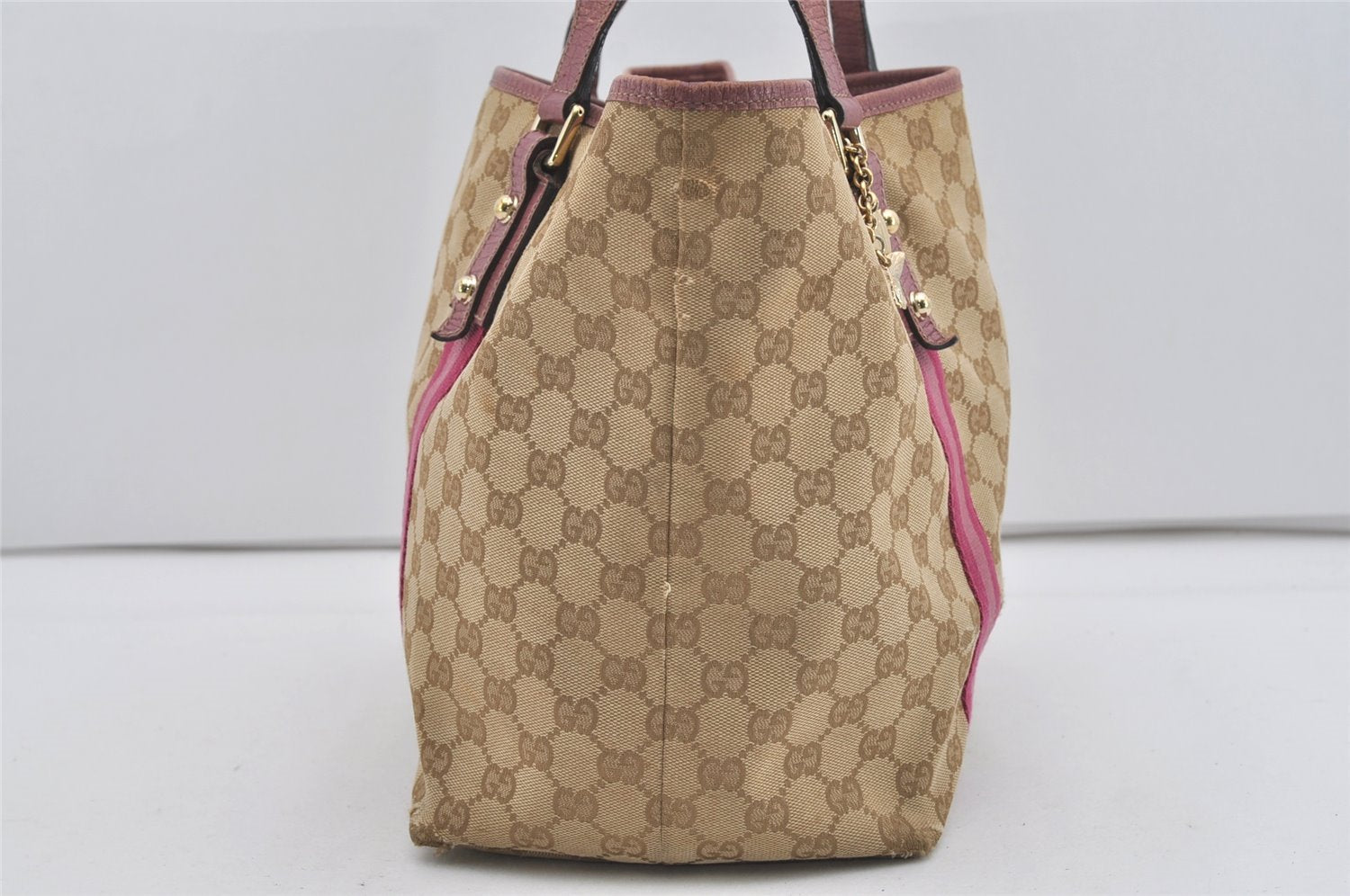 Authentic GUCCI Sherry Line Tote Bag GG Canvas Leather 139260 Beige Pink 2257I