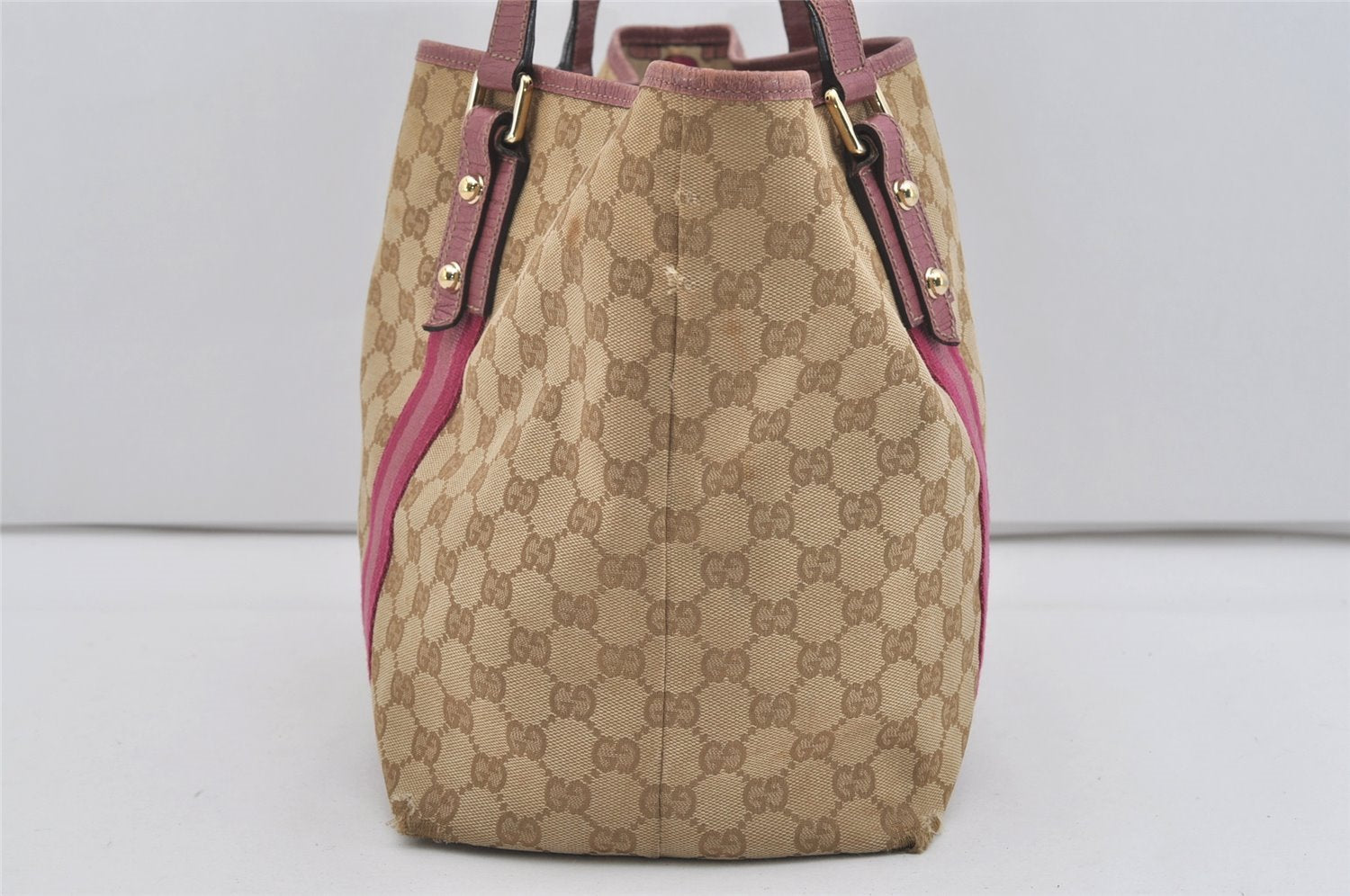 Authentic GUCCI Sherry Line Tote Bag GG Canvas Leather 139260 Beige Pink 2257I