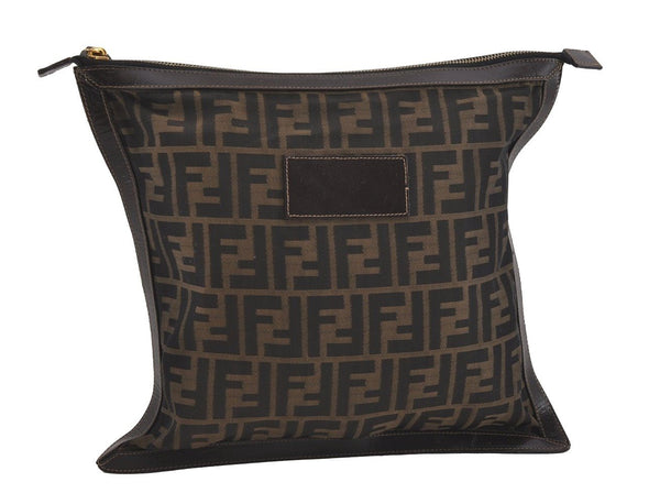 Authentic FENDI Zucca Clutch Hand Bag Purse Nylon Leather Brown Black 2265I