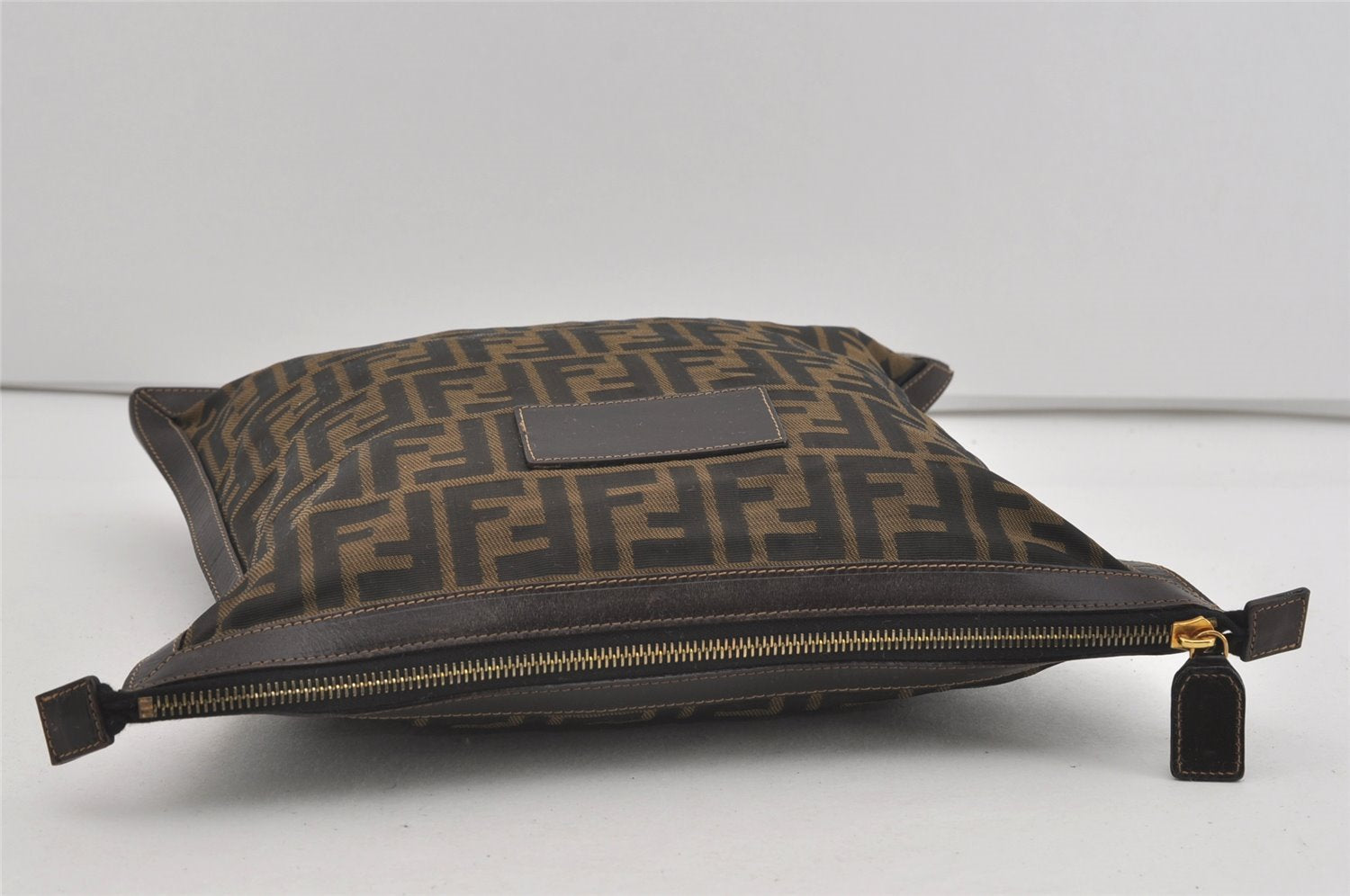 Authentic FENDI Zucca Clutch Hand Bag Purse Nylon Leather Brown Black 2265I