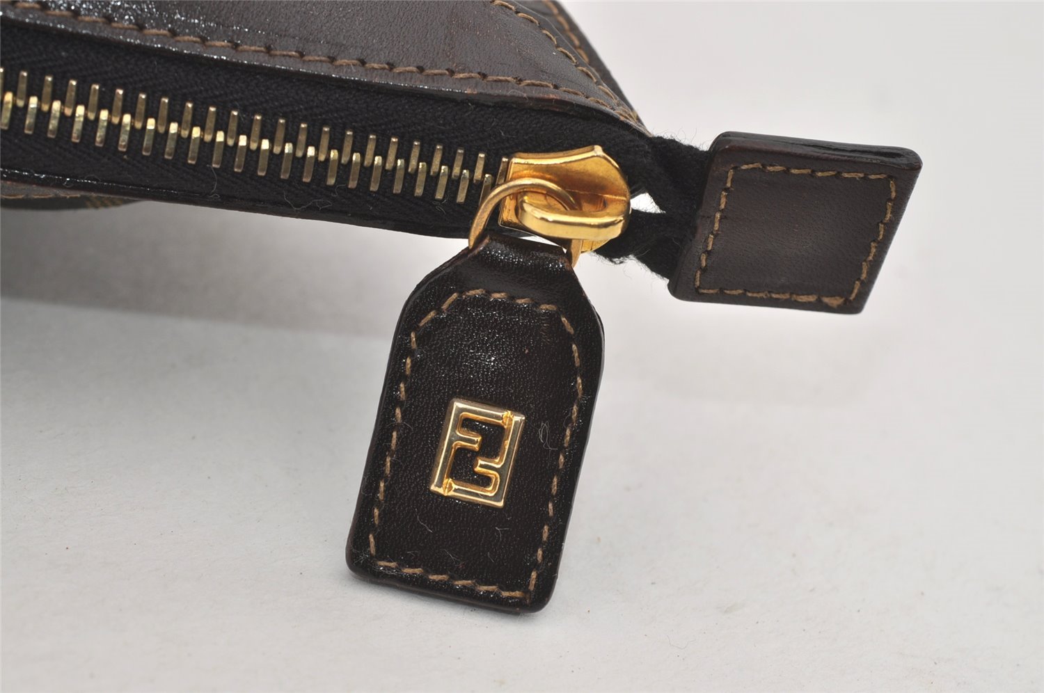 Authentic FENDI Zucca Clutch Hand Bag Purse Nylon Leather Brown Black 2265I