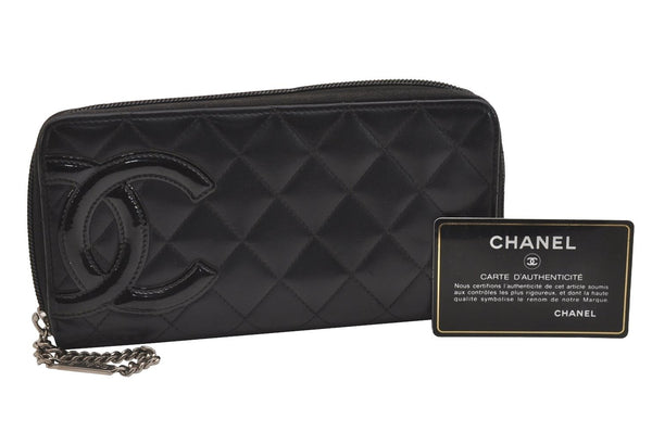 Authentic CHANEL Calf Skin Cambon Line CC Logo Wallet Purse Black Junk 2273I