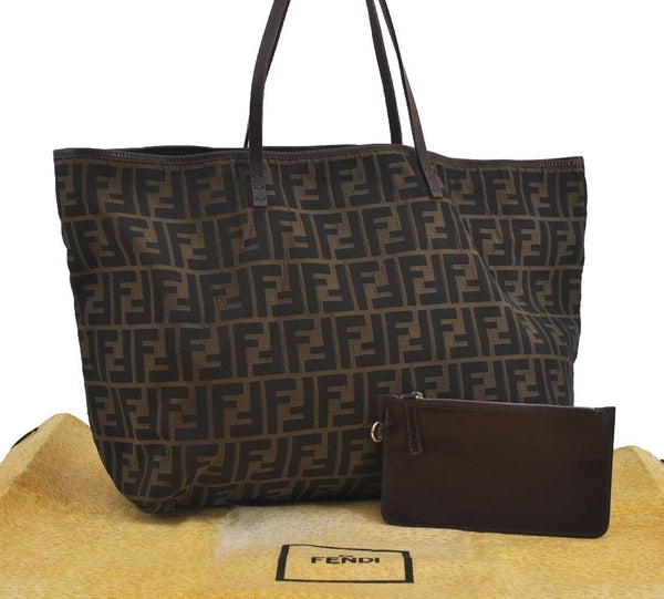 Authentic FENDI Zucca Shoulder Hand Tote Bag Nylon Leather Brown Black 2278I