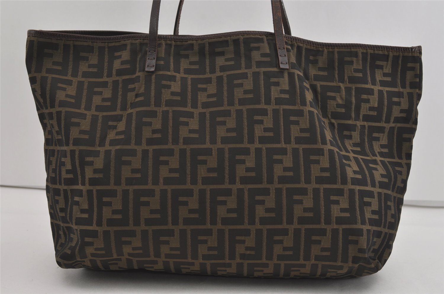 Authentic FENDI Zucca Shoulder Hand Tote Bag Nylon Leather Brown Black 2278I