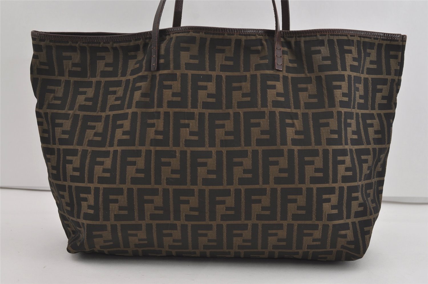 Authentic FENDI Zucca Shoulder Hand Tote Bag Nylon Leather Brown Black 2278I