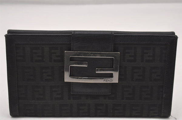 Authentic FENDI Vintage Zucchino Long Wallet Purse Canvas Leather Black 2281I