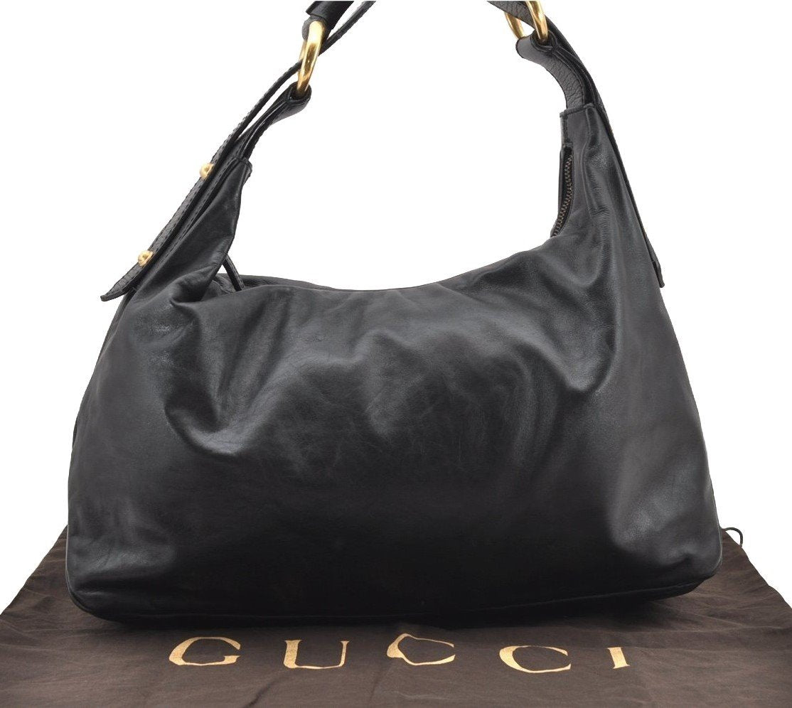 Authentic GUCCI Horsebit Large Hobo Shoulder Hand Bag Leather 115867 Black 2283I