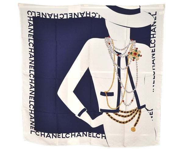 Authentic CHANEL Scarf Mademoiselle Motif CC Logo Silk White Navy 2288I