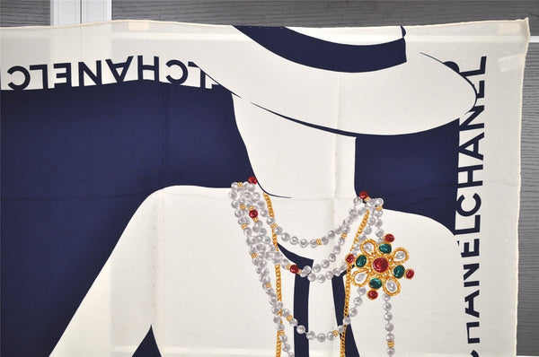 Authentic CHANEL Scarf Mademoiselle Motif CC Logo Silk White Navy 2288I