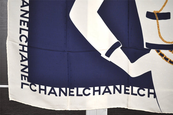 Authentic CHANEL Scarf Mademoiselle Motif CC Logo Silk White Navy 2288I