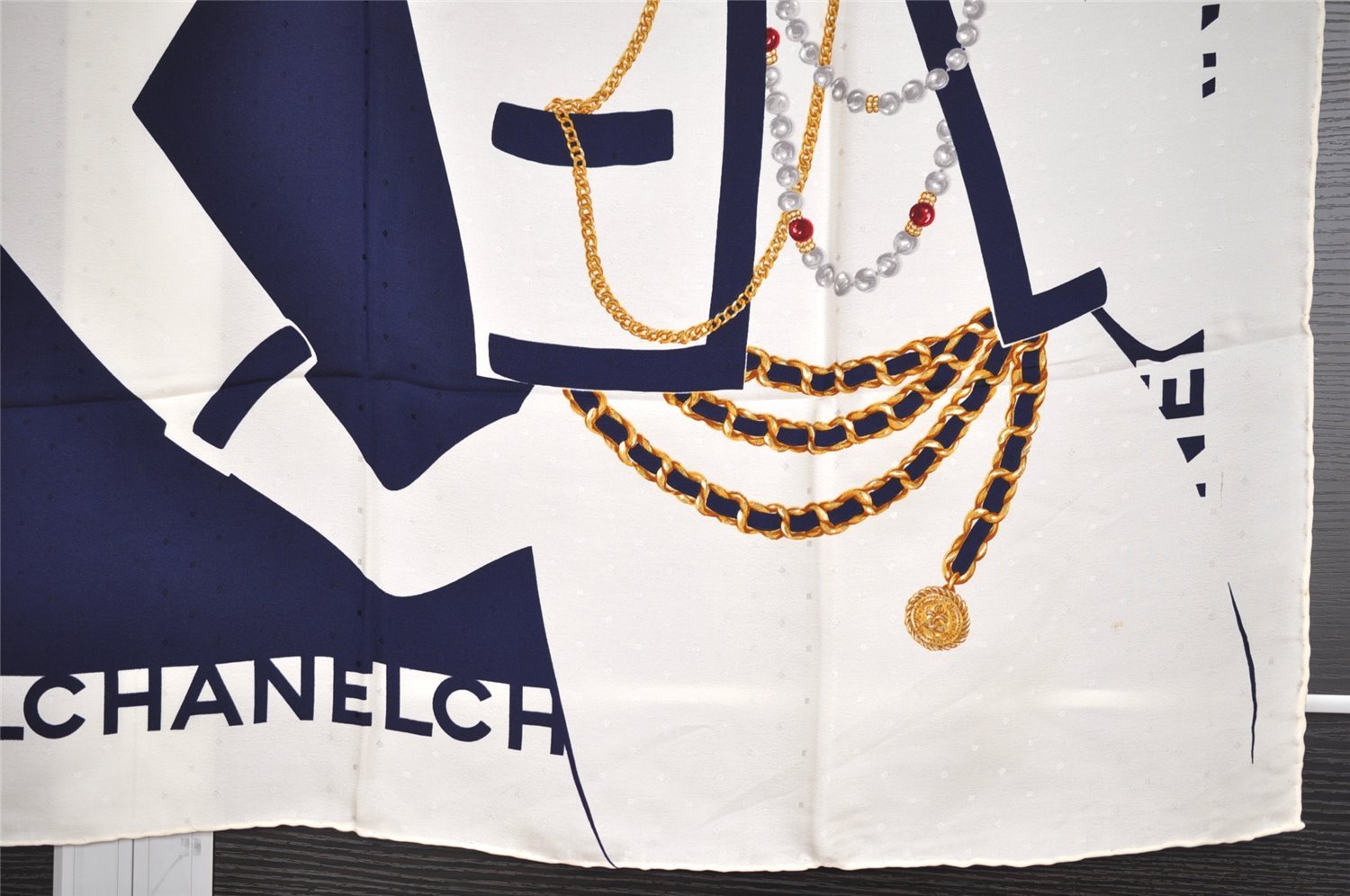 Authentic CHANEL Scarf Mademoiselle Motif CC Logo Silk White Navy 2288I