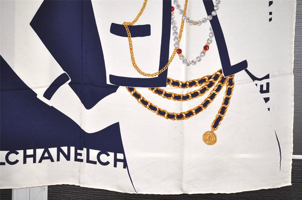 Authentic CHANEL Scarf Mademoiselle Motif CC Logo Silk White Navy 2288I