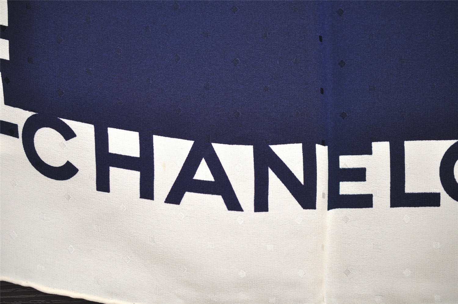 Authentic CHANEL Scarf Mademoiselle Motif CC Logo Silk White Navy 2288I