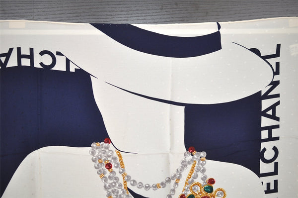 Authentic CHANEL Scarf Mademoiselle Motif CC Logo Silk White Navy 2288I
