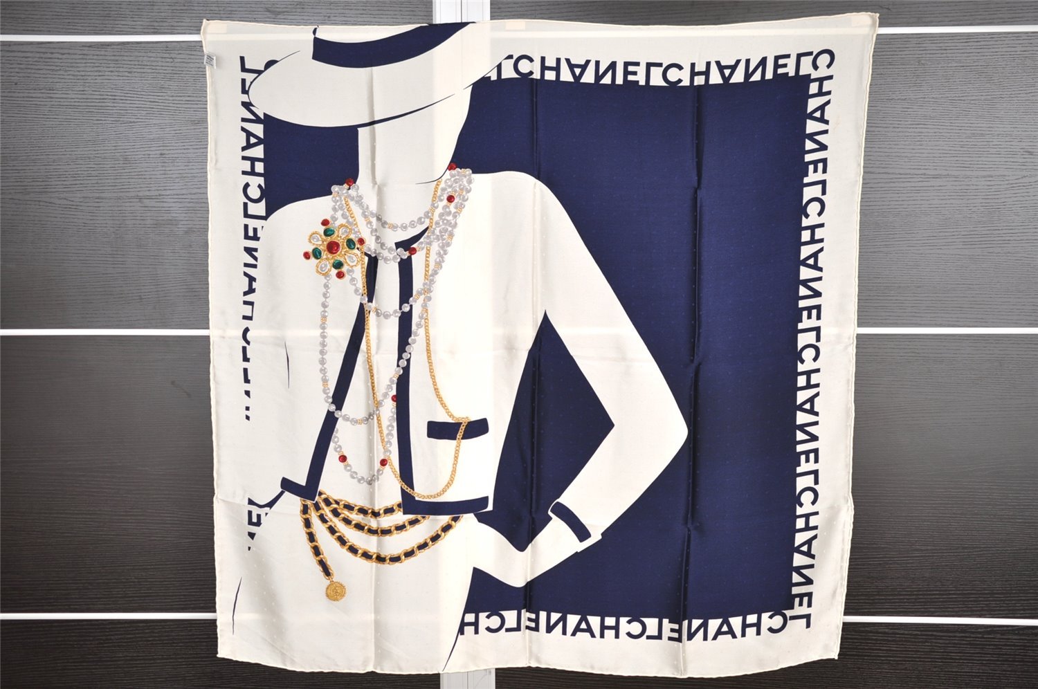 Authentic CHANEL Scarf Mademoiselle Motif CC Logo Silk White Navy 2288I