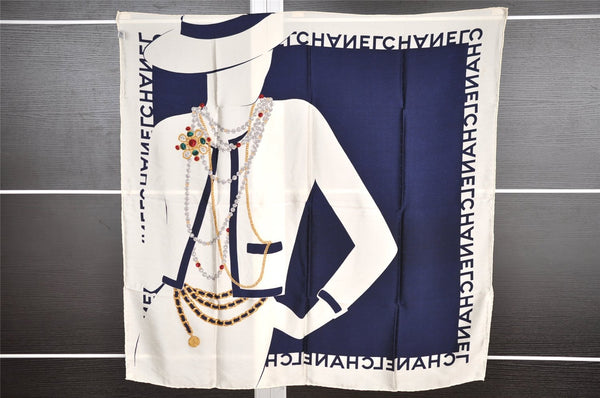 Authentic CHANEL Scarf Mademoiselle Motif CC Logo Silk White Navy 2288I