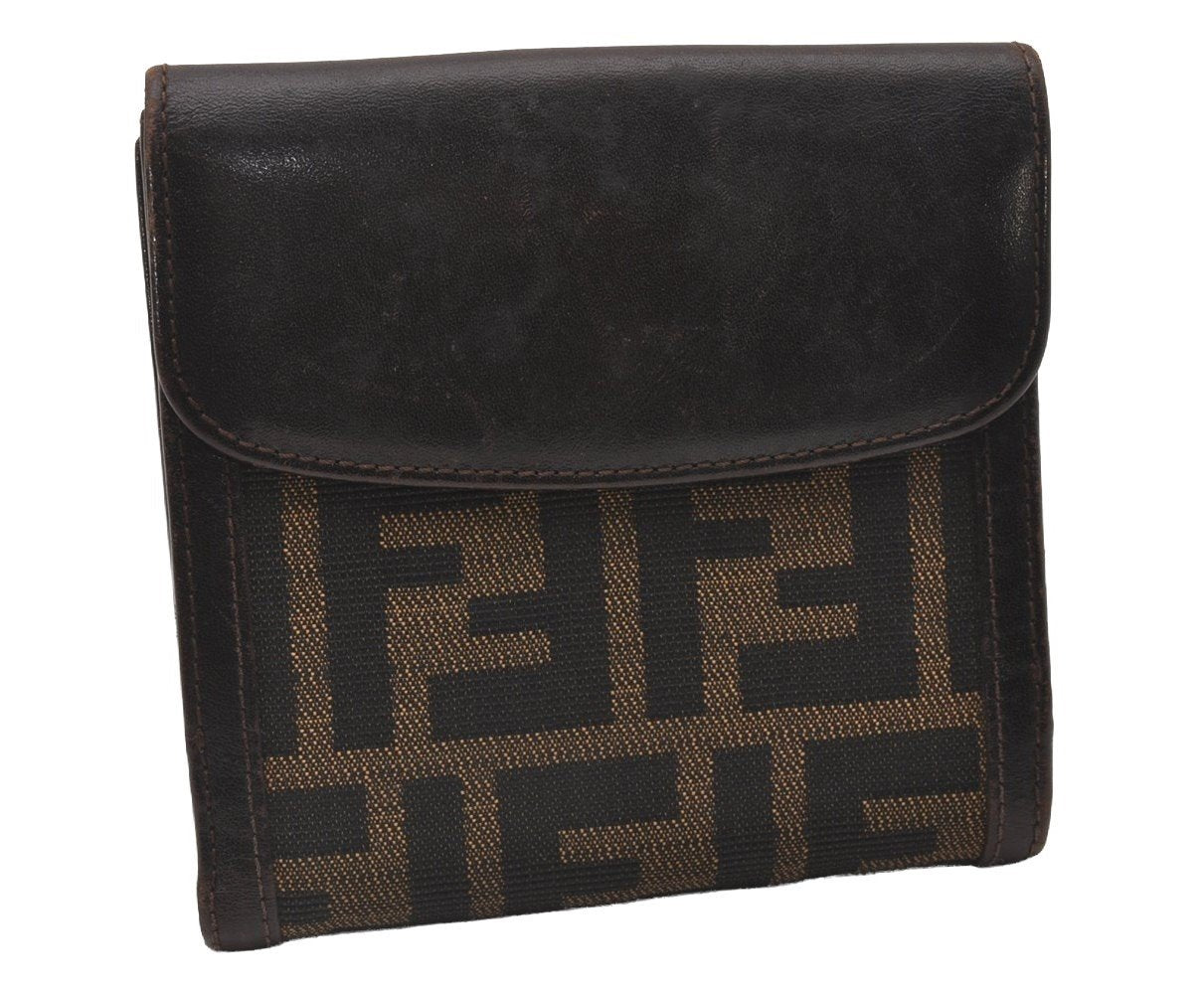 Authentic FENDI Vintage Zucca Bifold Wallet Purse Canvas Leather Brown 2296I