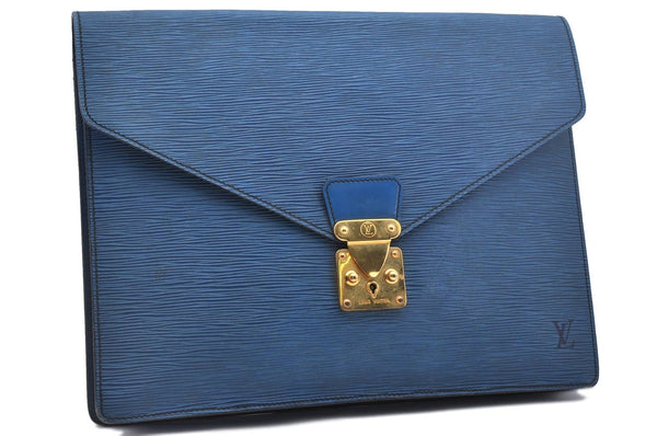 Auth Louis Vuitton Epi Porte Documents Senateur Briefcase M54455 Blue LV 2303D