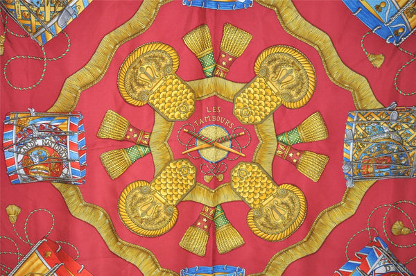 Authentic HERMES Carre 90 Scarf "LES TAMBOURS" Silk Red 2305I