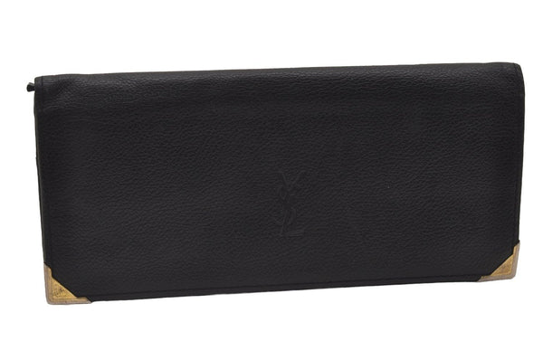 Authentic YVES SAINT LAURENT Vintage Long Wallet Purse Leather Black 2310I