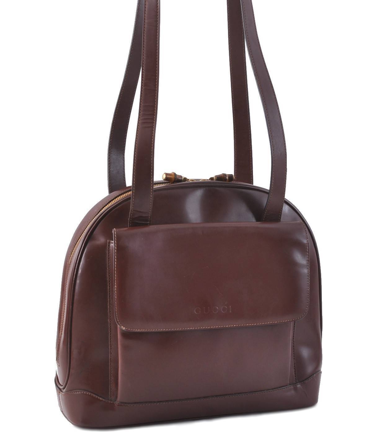 Authentic GUCCI Vintage Bamboo Shoulder Bag Purse Leather Brown 2311C