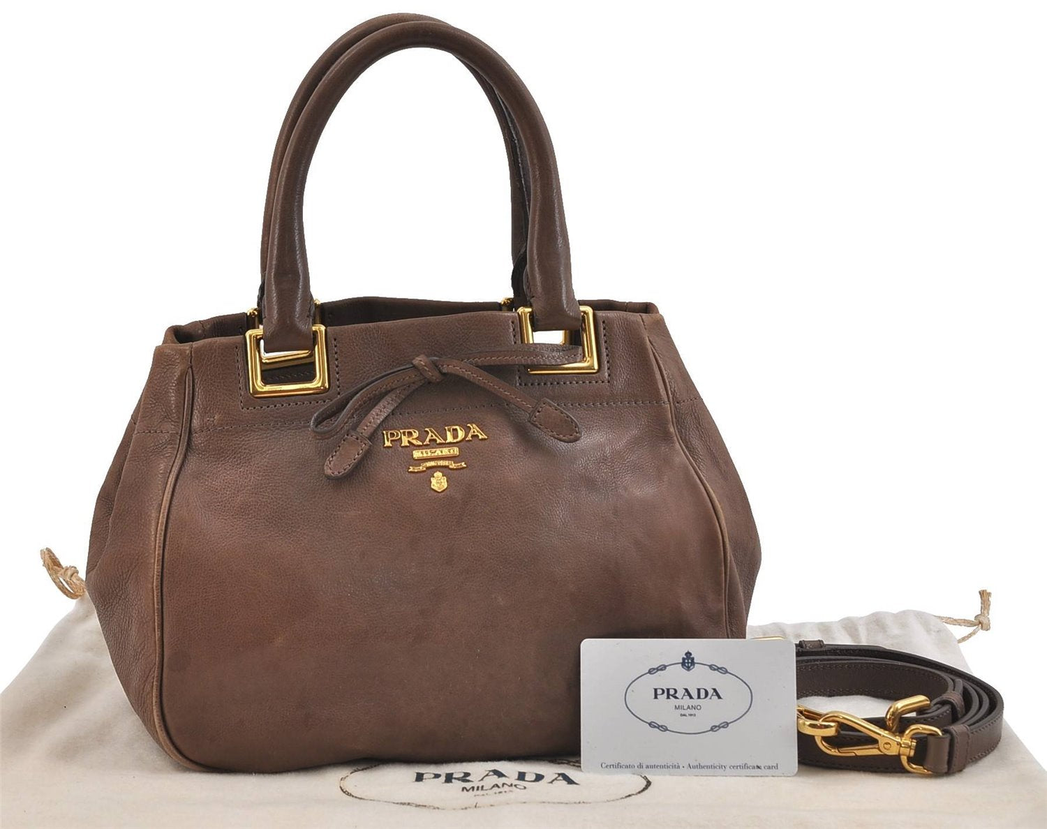 Authentic PRADA GLACE'CALF Leather 2Way Shoulder Hand Bag BN2245 Brown 2311D