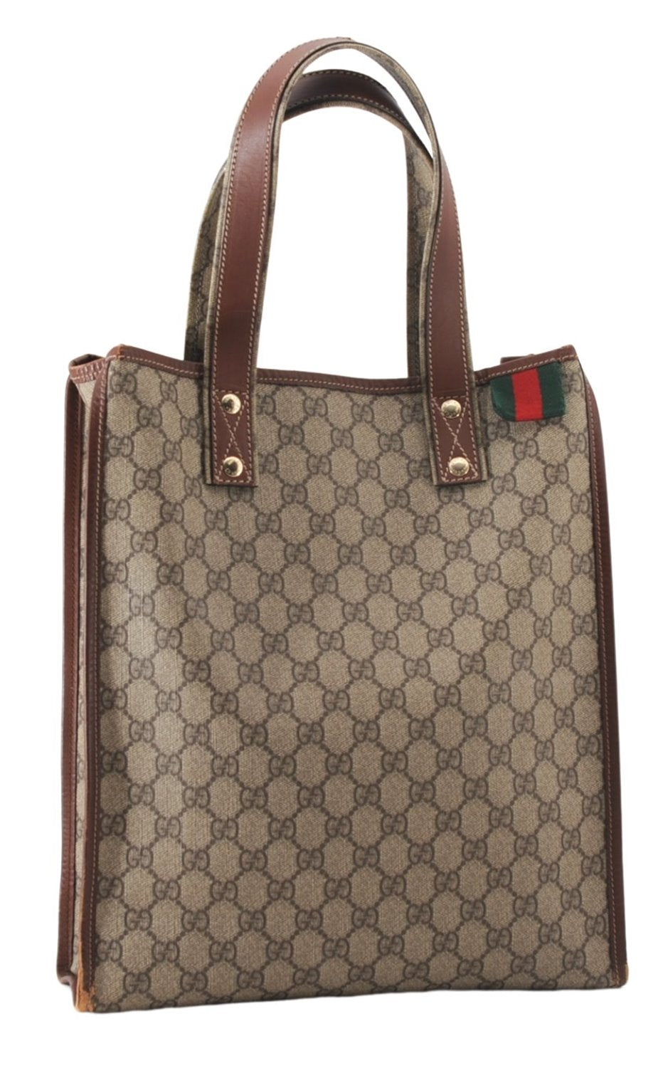 Authentic GUCCI Web Sherry Line Tote Bag GG PVC Leather 211135 Brown 2331F