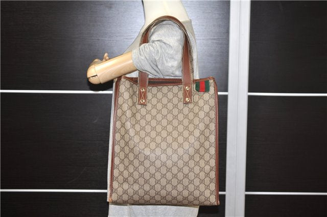Authentic GUCCI Web Sherry Line Tote Bag GG PVC Leather 211135 Brown 2331F